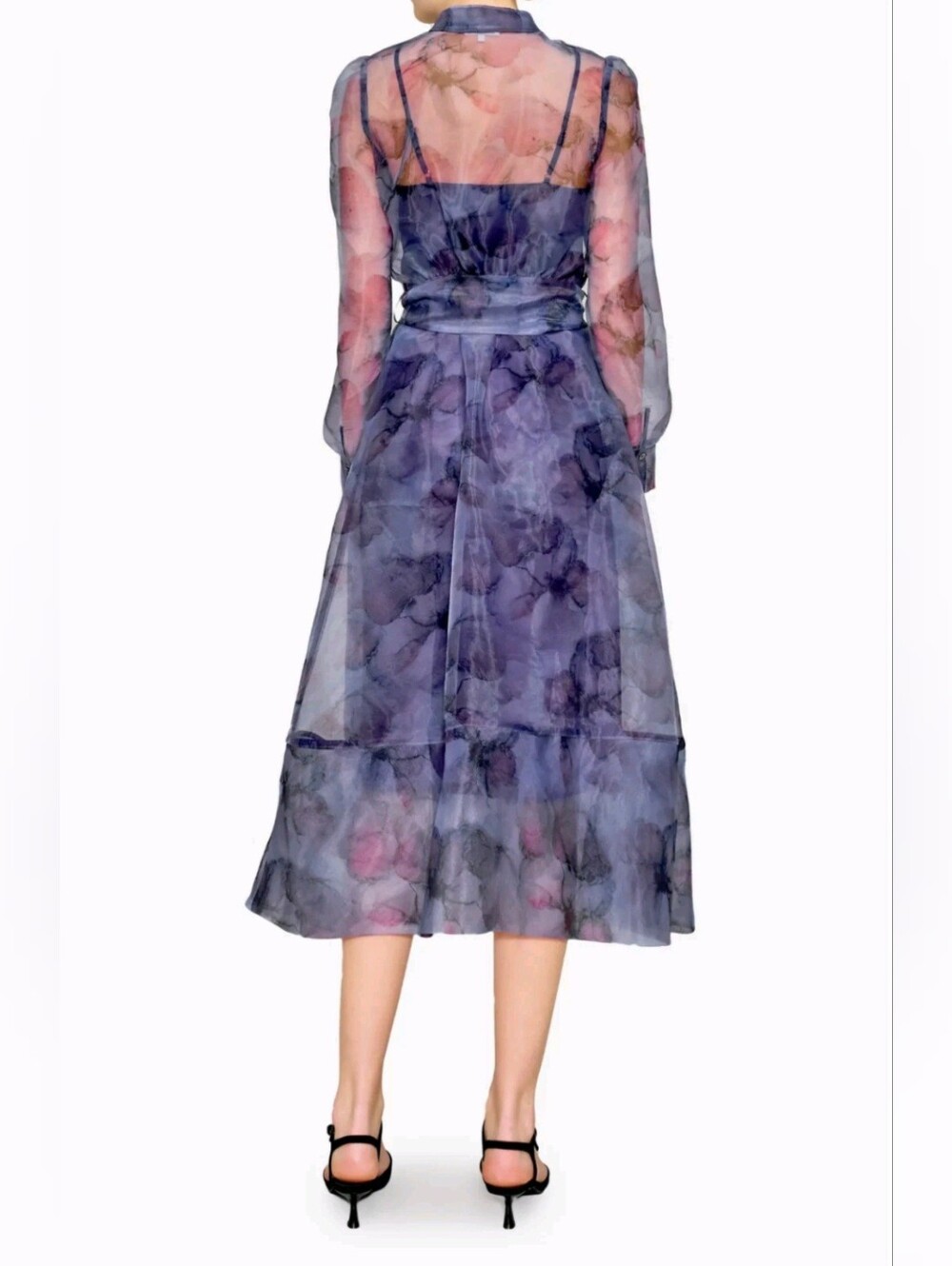 MELLODAY Long Sleeve Chiffon Dress- Navy/Purple Floral - SizeL - Picture 4 of 12